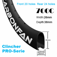 Width:26mm Depth:38mm Clincher 700C Road Rim / Wheels Tubeless Ready PRO-Serie Front 20H & Rear 24H