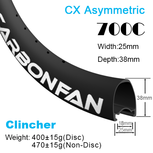 Depth:38mm Width:25mm Asymmetric Clincher 700C CX carbon road rims Tubeless Ready SG3825C