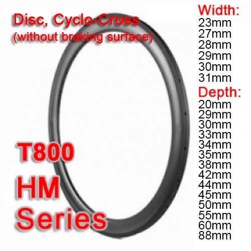 Symmetric & Asymmetric 700C Disc Carbon Road Rim HM Series ( Depth: 20mm, 29mm, 30mm, 33mm ,34mm, 35mm, 36mm, 38mm, 42mm, 44mm, 45mm, 50mm, 55mm, 60mm, 88mm )