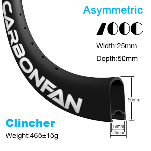 Depth:50mm Width:25mm Clincher Asymmetric tubeless Ready 700C CX carbon road rims