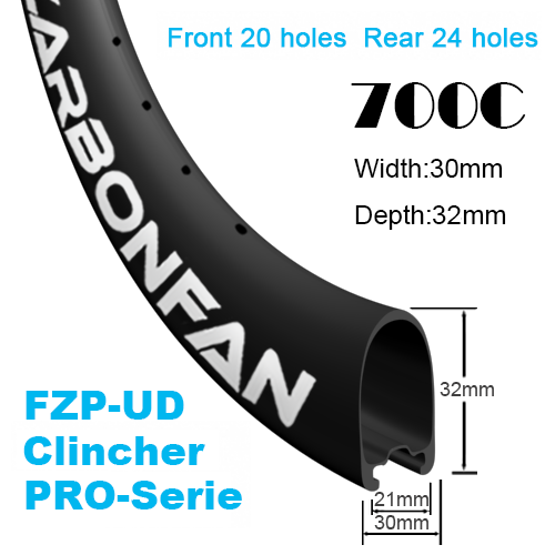 Width:30mm Depth:32mm Clincher FZP-UD 700C Road Rim / Wheels Tubeless Ready PRO-Serie Front 20H & Rear 24H