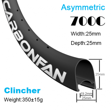 Depth:25mm Width:25mm Clincher Asymmetric tubeless Ready 700C CX carbon road rims