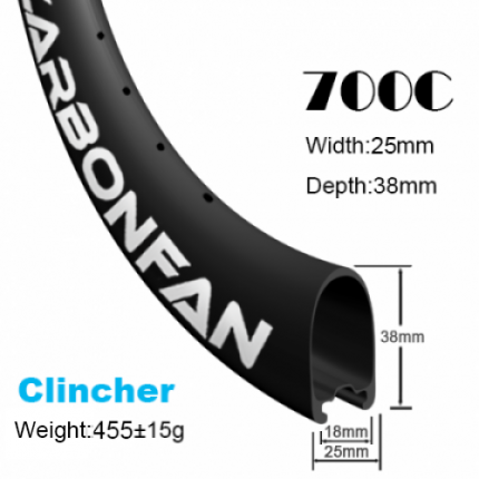 Depth:38mm Width:25mm Clincher 700C carbon road rims Tubeless ready